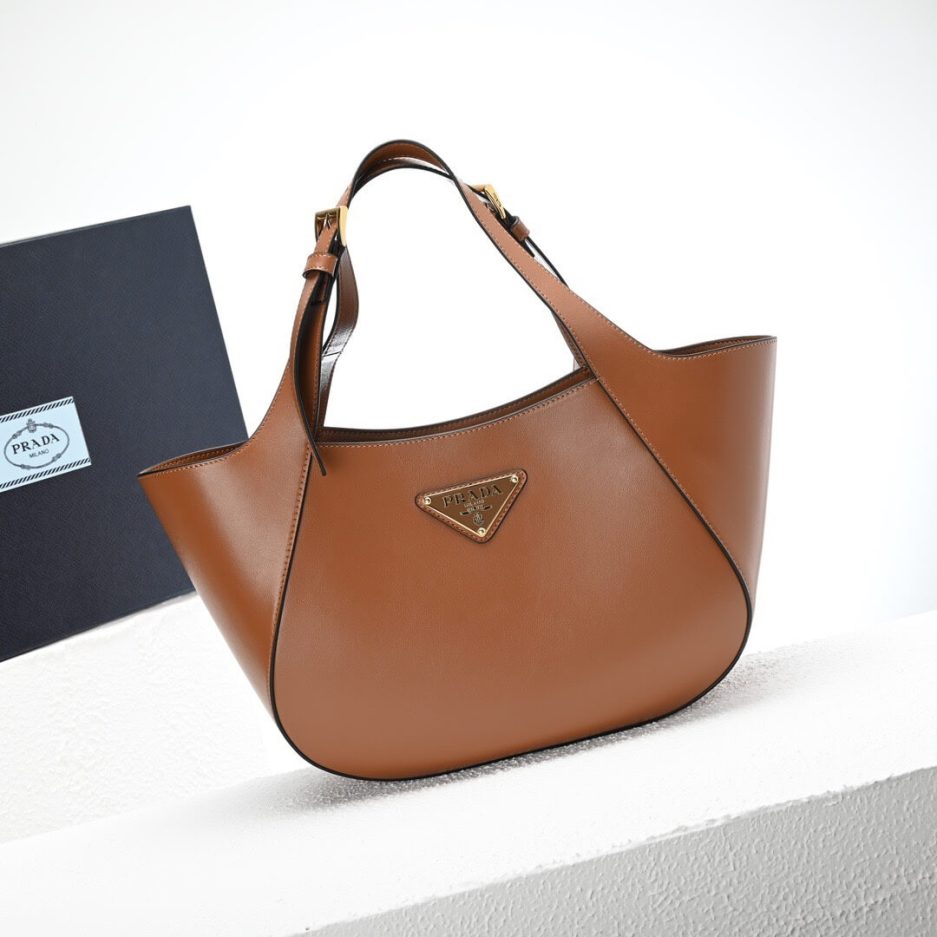 Medium Enamel Triangle Logo Leather Tote Bag