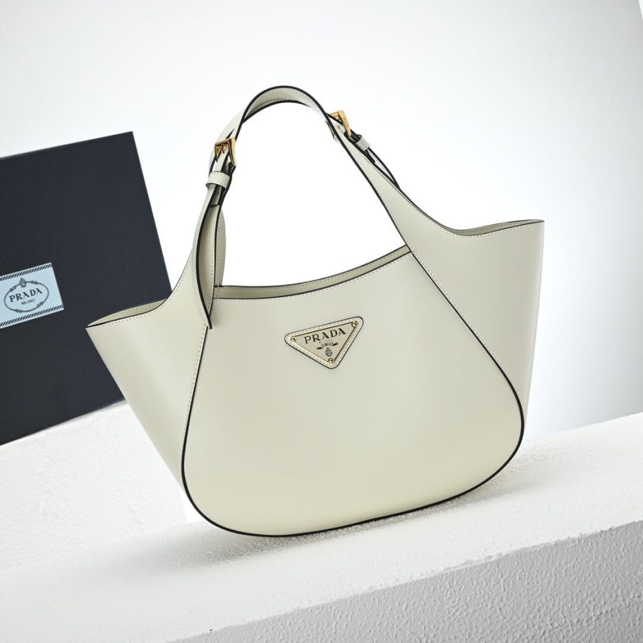 Medium Enamel Triangle Logo Leather Tote Bag