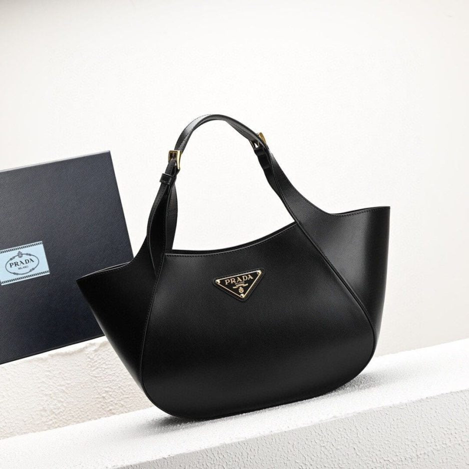 Medium Enamel Triangle Logo Leather Tote Bag
