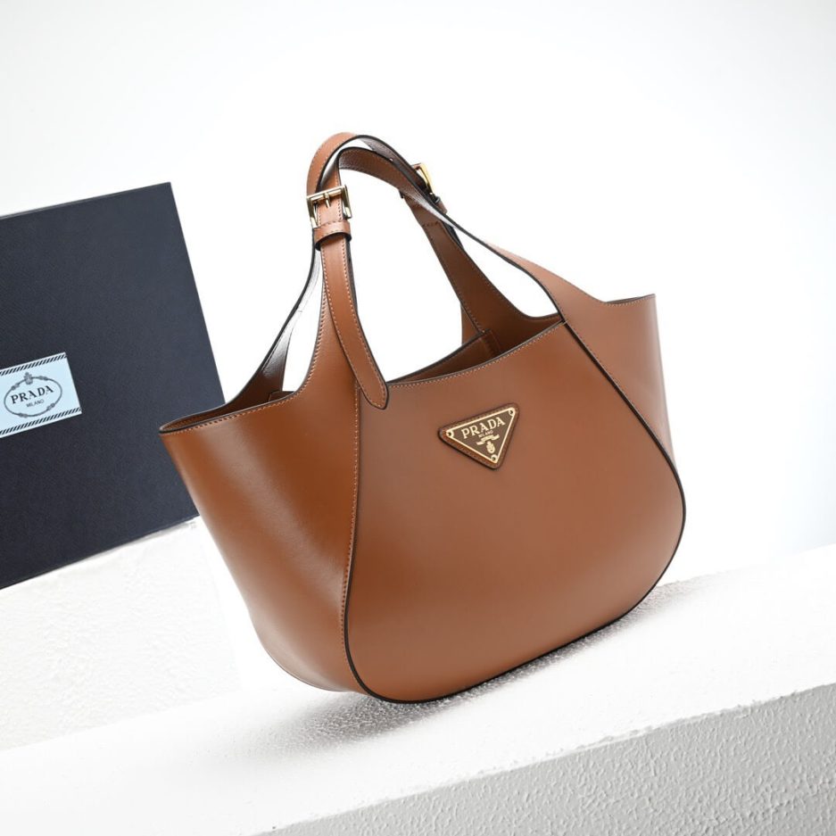 Medium Enamel Triangle Logo Leather Tote Bag
