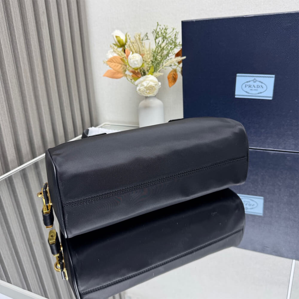 Re-Nylon & Leather Medium Top-Handle Bag with Padlock