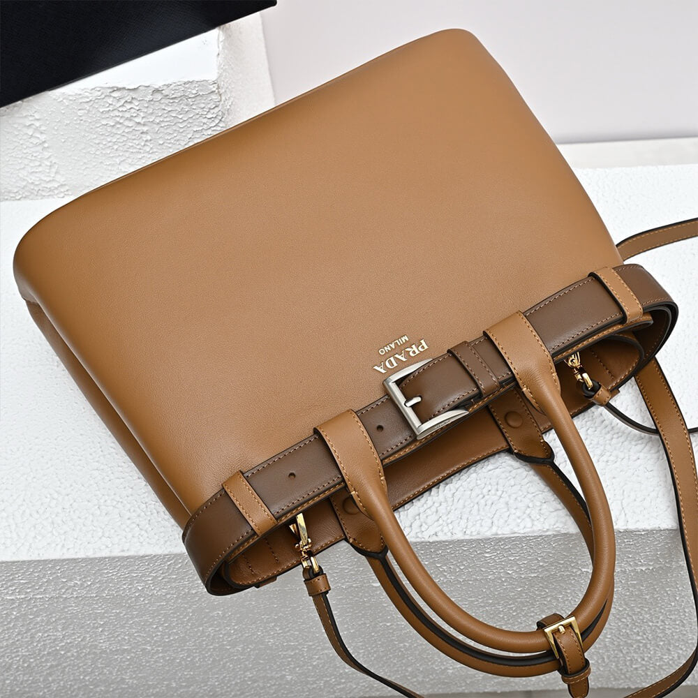 Buckle Medium Leather Handbag with Double Belt
