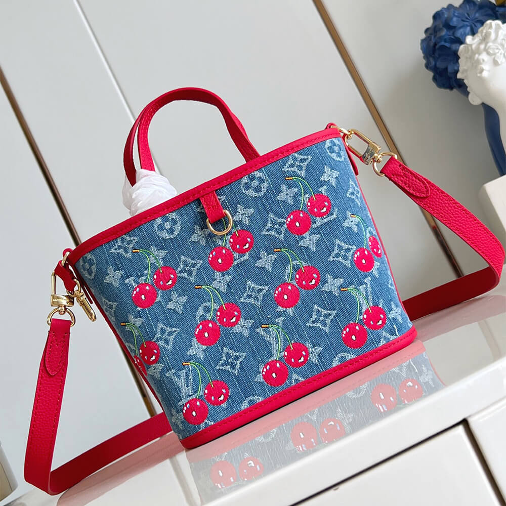 Playful Cherry Monogram Denim Bucket Bag