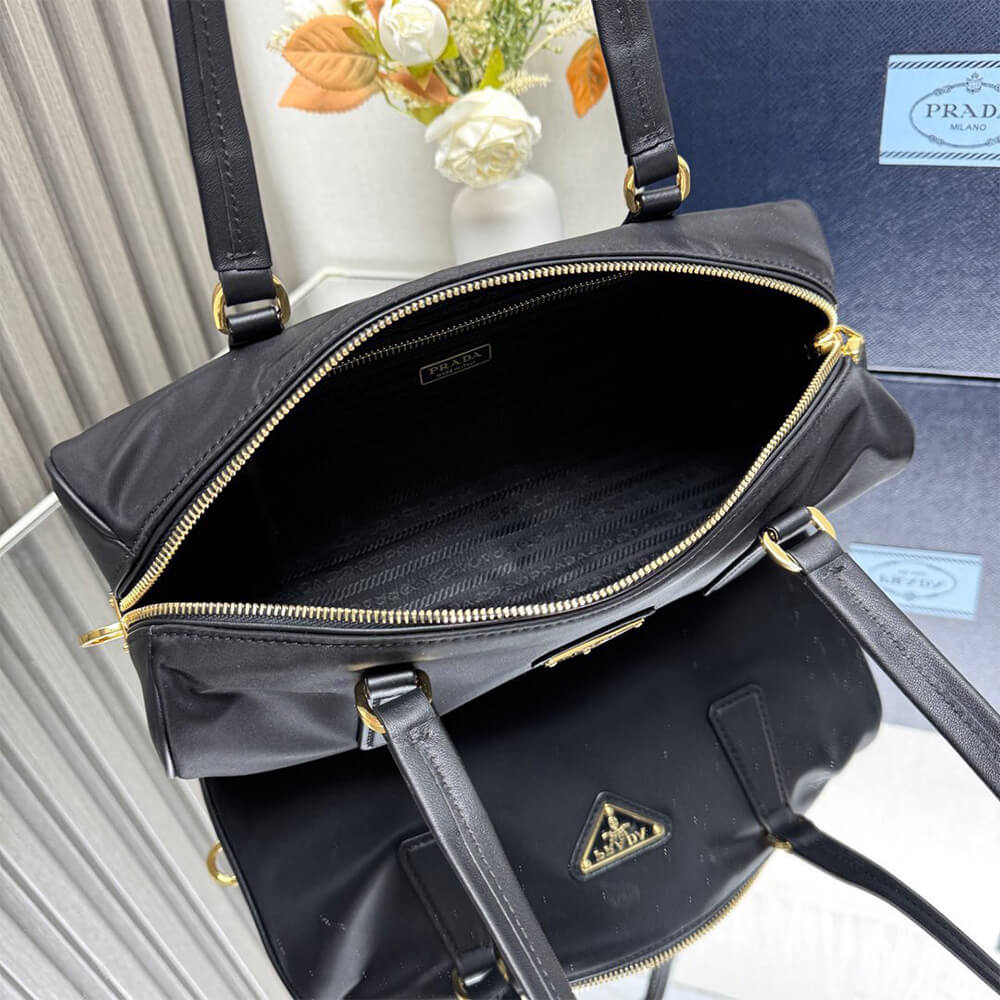 Re-Nylon & Leather Medium Top-Handle Bag with Padlock