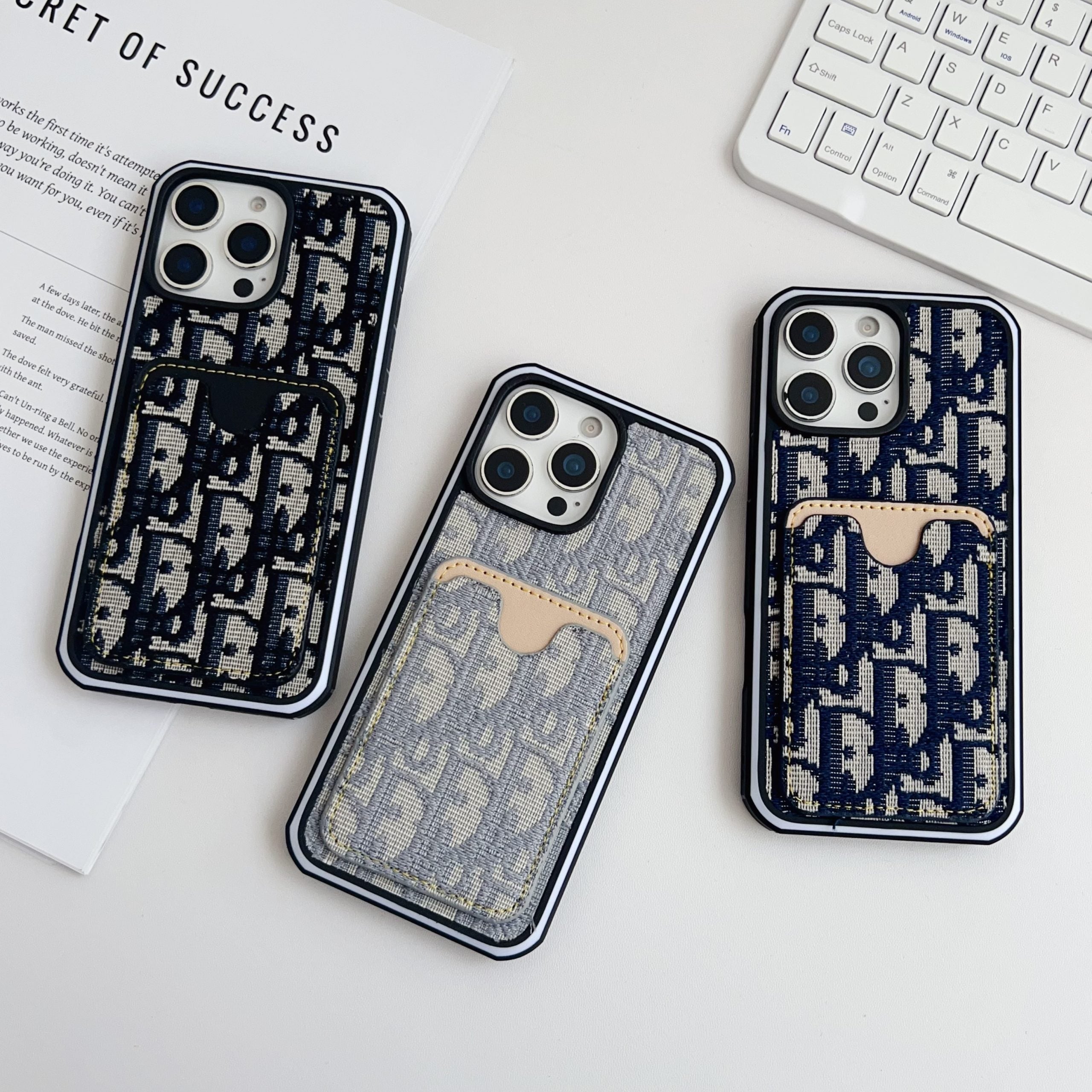 Dior Stoff-iPhone-Hülle mit Kartenfach für iPhone 12-16 Pro Max Plus 