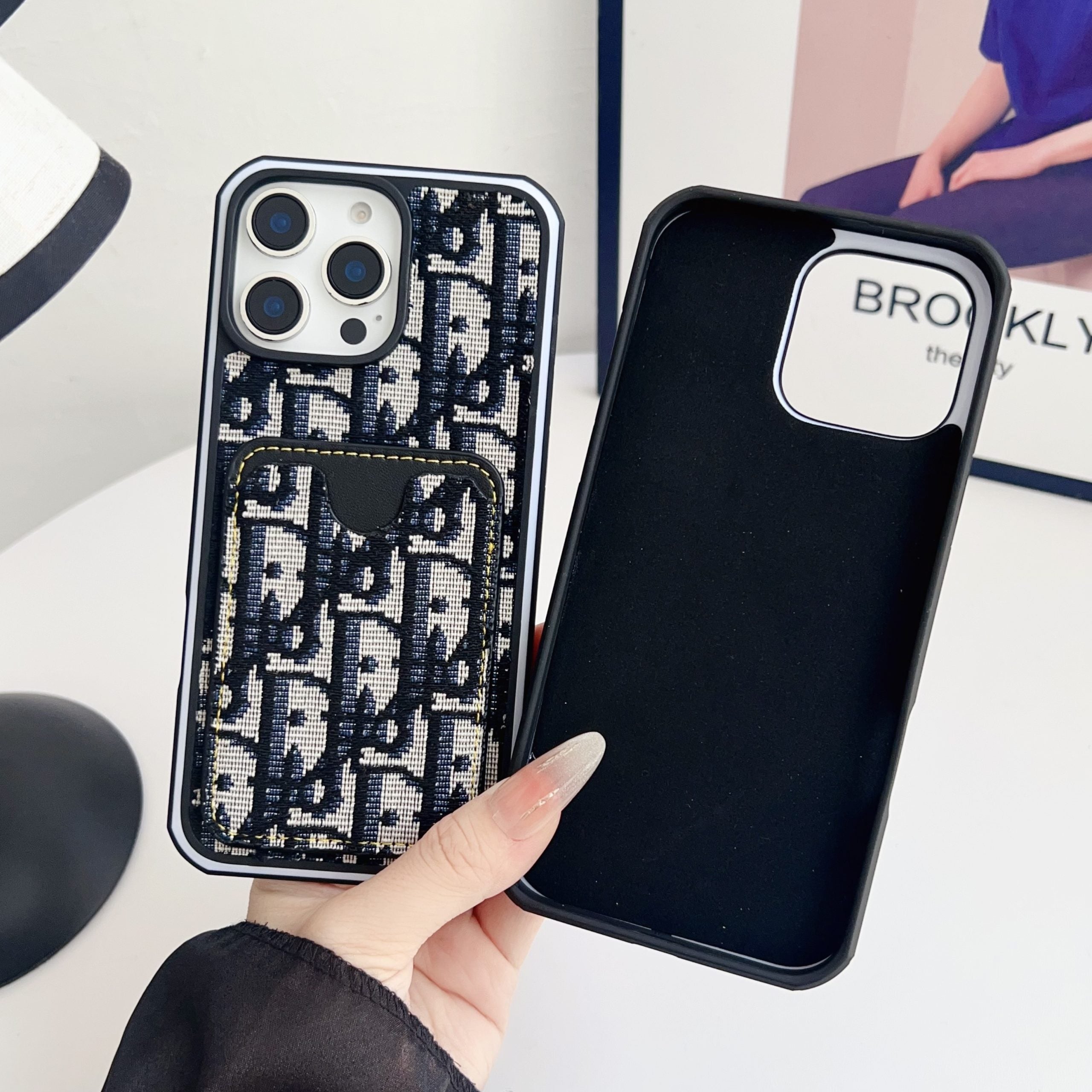Dior Stoff-iPhone-Hülle mit Kartenfach für iPhone 12-16 Pro Max Plus 