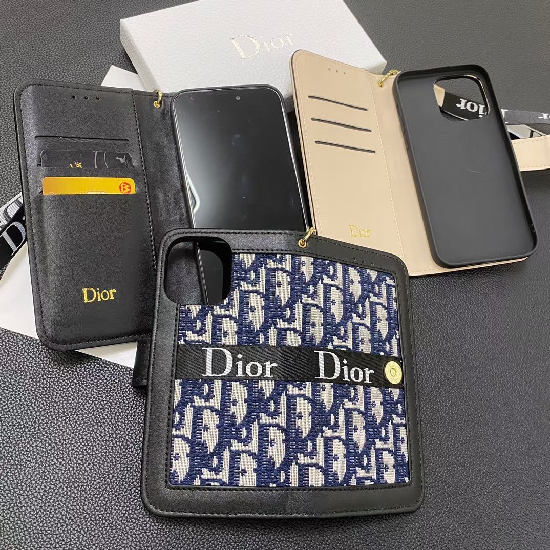 Dior Wallet-Hülle mit Tragegurt für iPhone 12, 13, 14, 15, 16, Pro Max und Plus-Serie 