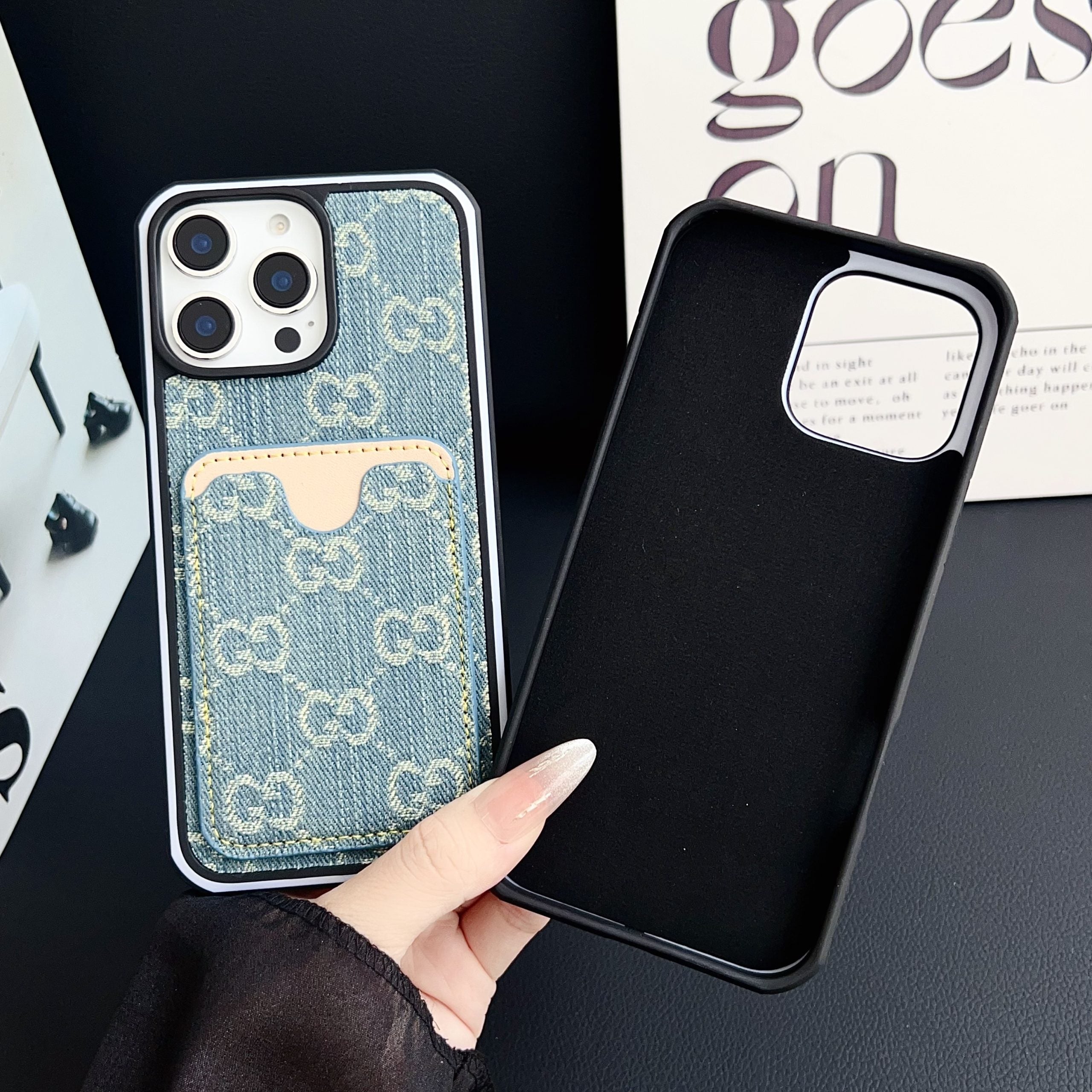 GG Denim-iPhone-Hülle mit Kartenfach für 12-16 Pro Max 