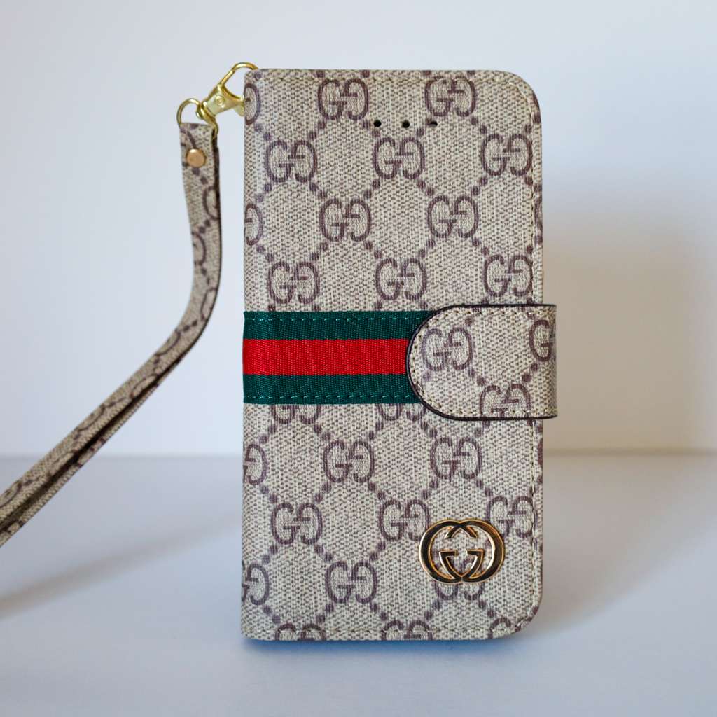 Gucci Brieftaschenhülle aus beigem Leder für iPhone 11, 12, 13, 14, 15, 16, Pro Max und Plus 