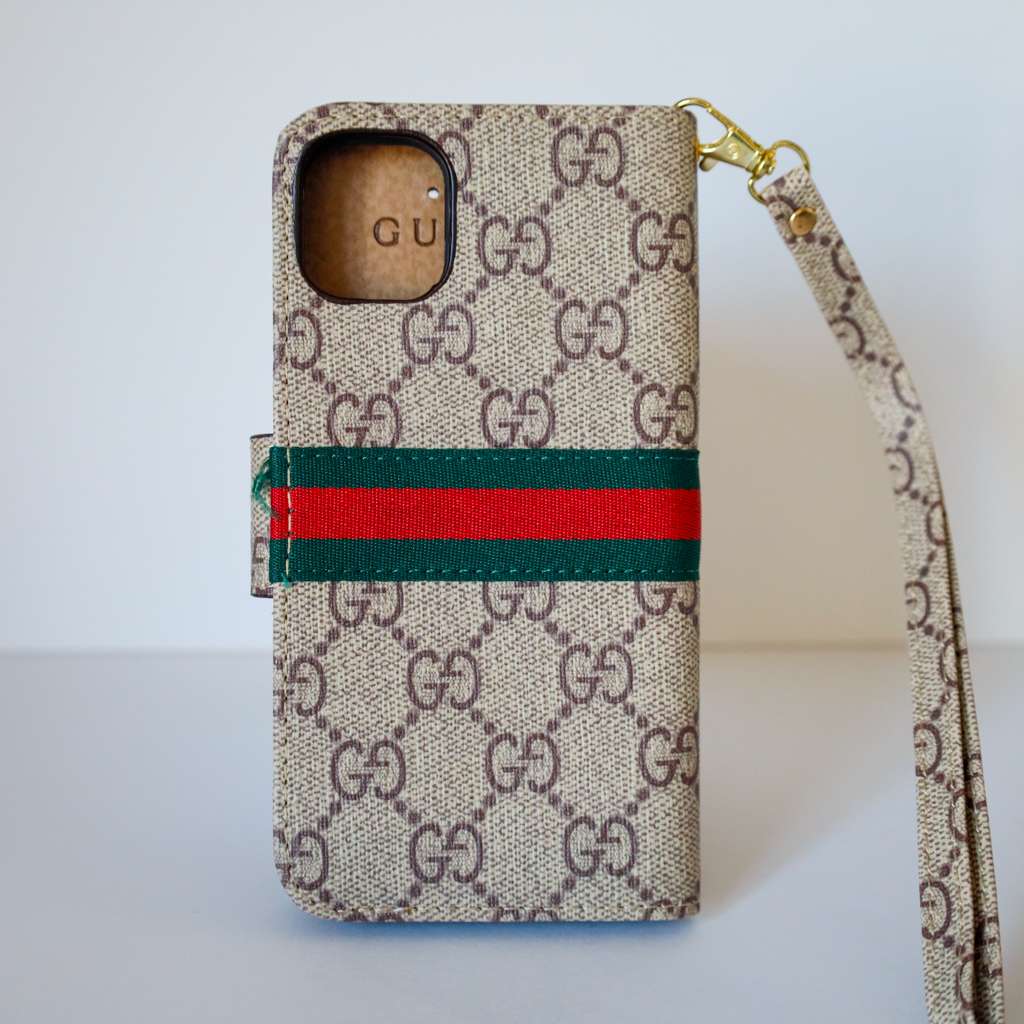 Gucci Brieftaschenhülle aus beigem Leder für iPhone 11, 12, 13, 14, 15, 16, Pro Max und Plus 