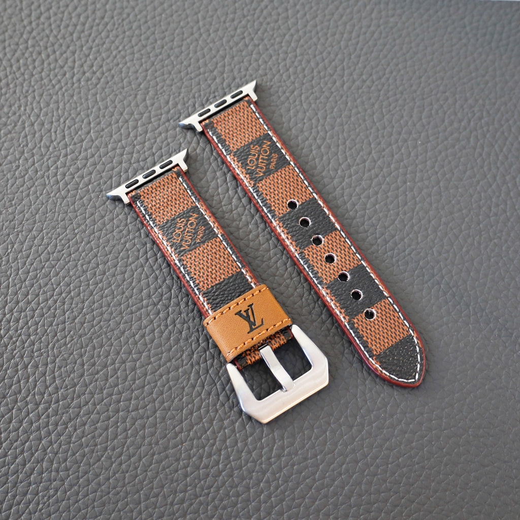 Brown Checkered LV Leather Design Apple Watch Band