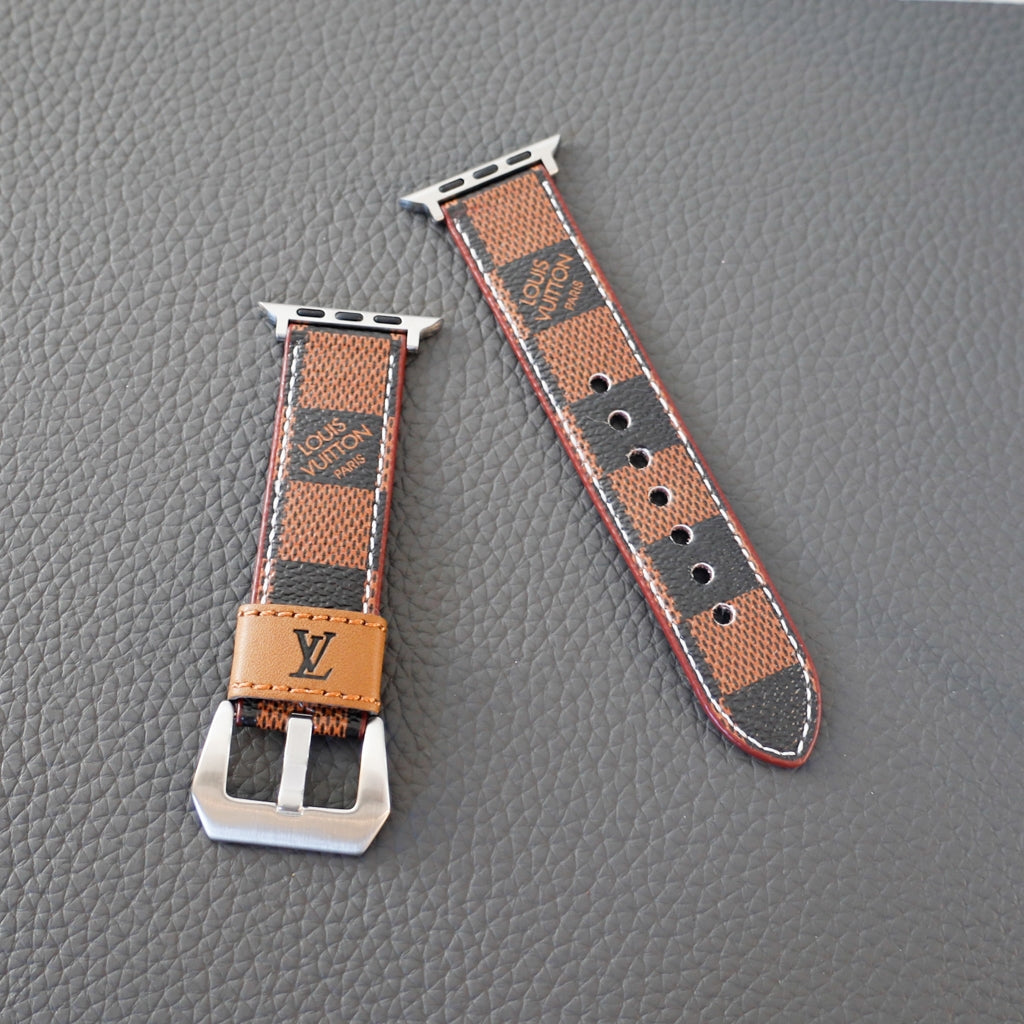 Brown Checkered LV Leather Design Apple Watch Band