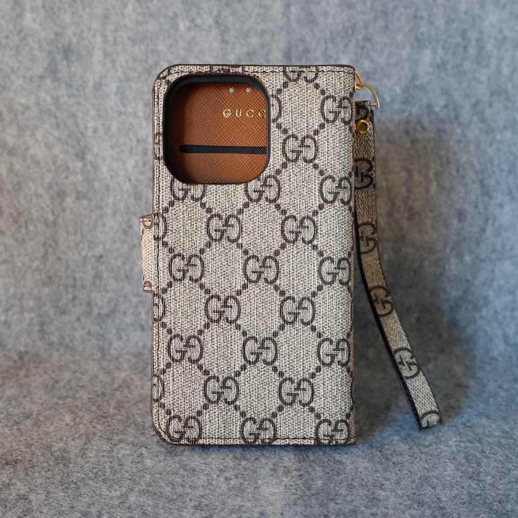 GG Handyhülle mit Brieftaschenfunktion für iPhone 11 12 13 14 15 16 Pro Max Plus / Braune Kanten 