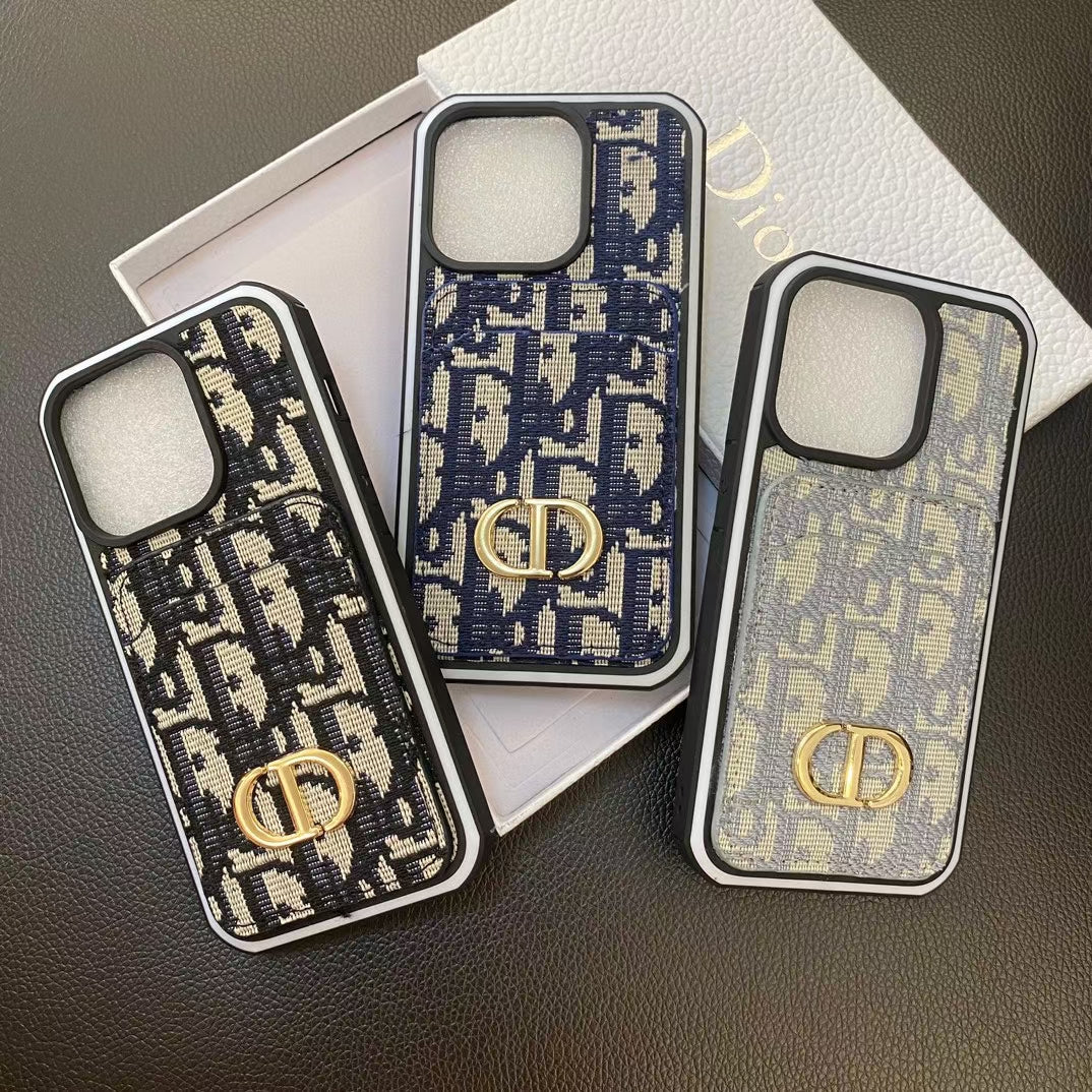 Dior iPhone-Hülle mit Kartenhalter für 11, 12, 13, 14, 15, 16, Pro Max und Plus-Serie 